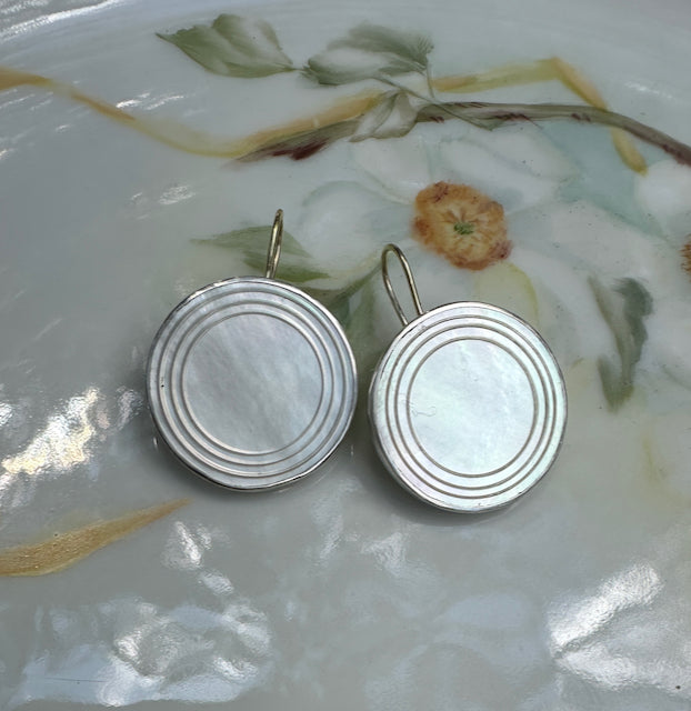 Round Mother of Pearl and Sterling Silver Earrings with 18 Karat Gold Earwires