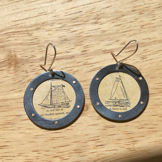 Sailboat Dictionary Image Earrings - Oxidized Sterling Silver & Red Brass