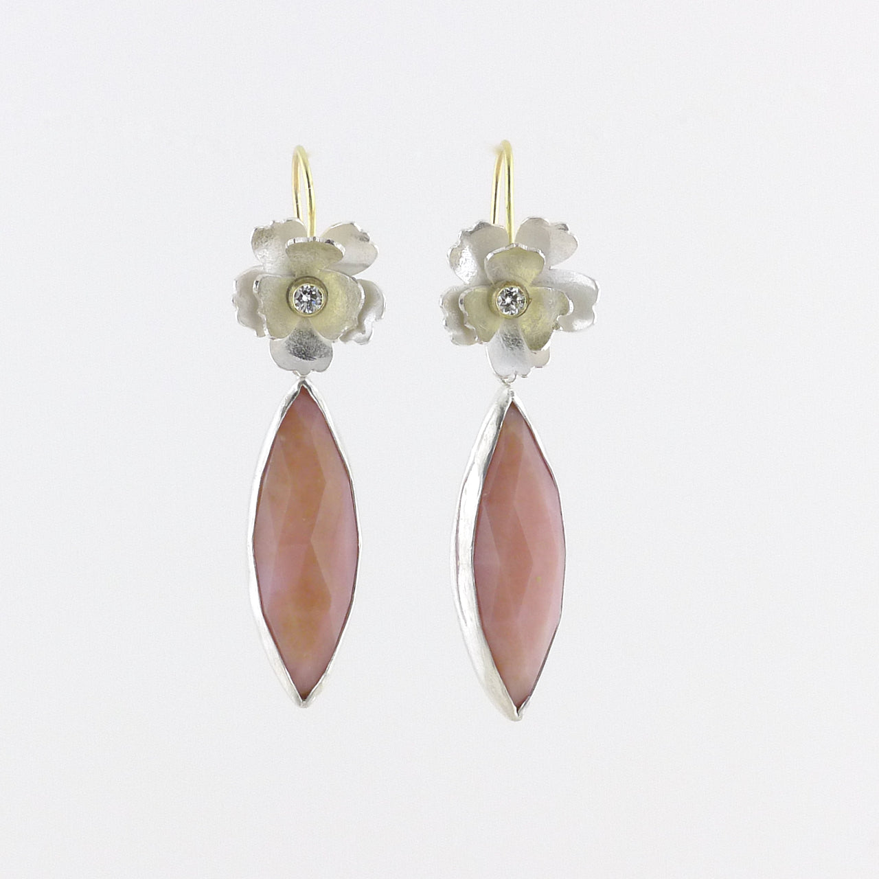 Silver, 18 Karat Gold, Diamond Flower Earrings with Pink Opal Dangle Earrings