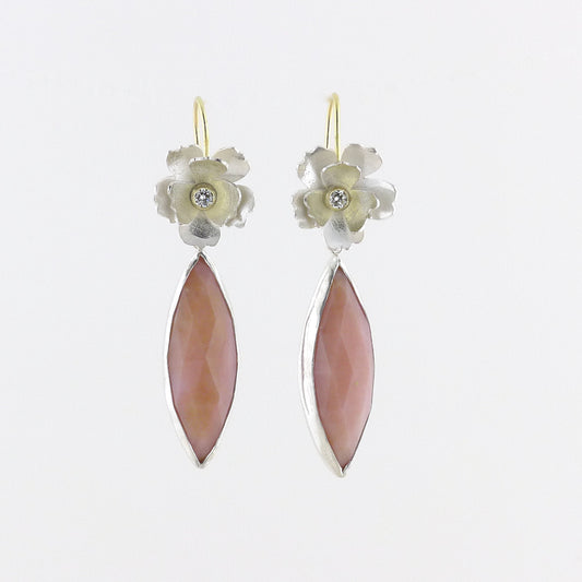 Silver, 18 Karat Gold, Diamond Flower Earrings with Pink Opal Dangle Earrings