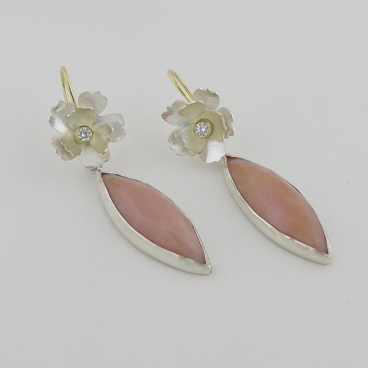 Silver, 18 Karat Gold, Diamond Flower Earrings with Pink Opal Dangle Earrings