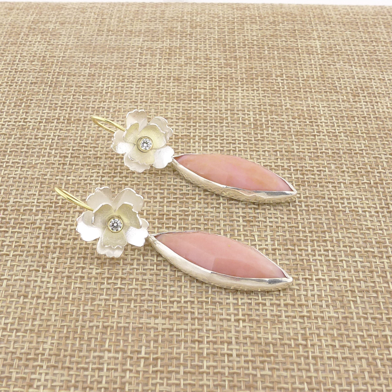Silver, 18 Karat Gold, Diamond Flower Earrings with Pink Opal Dangle Earrings