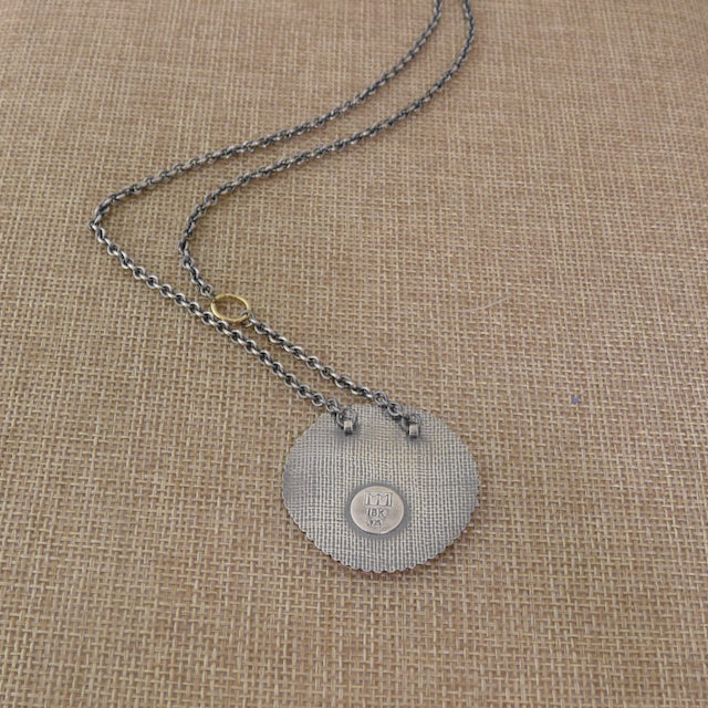 Antique Mother of Pearl Flower Pendant Set in Sterling Silver on a Silver Chain with an 18 Karat Gold Ring