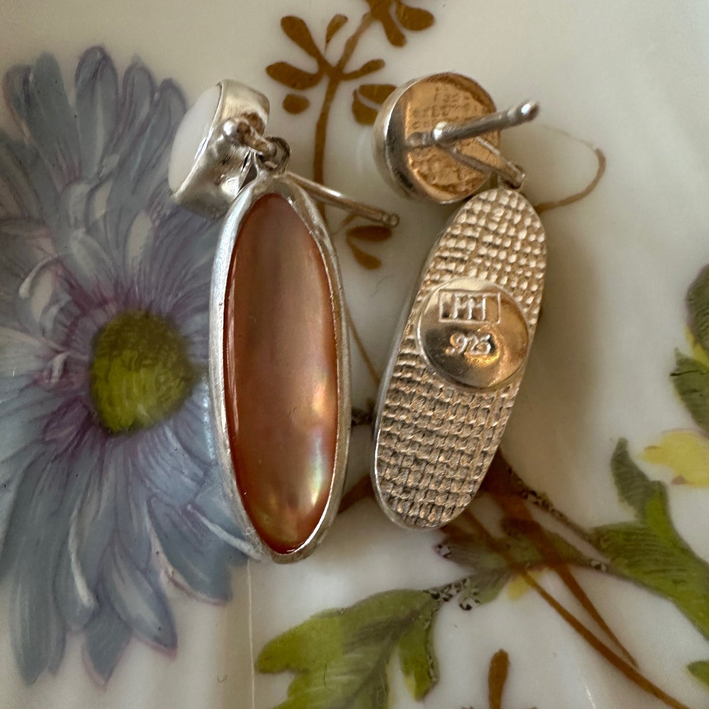 Tiny Round White with Oval Pink Mother of Pearl Dangle Earring