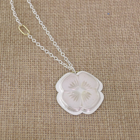 Antique Mother of Pearl Flower Pendant Set in Sterling Silver on a Silver Chain with an 18 Karat Gold Oval