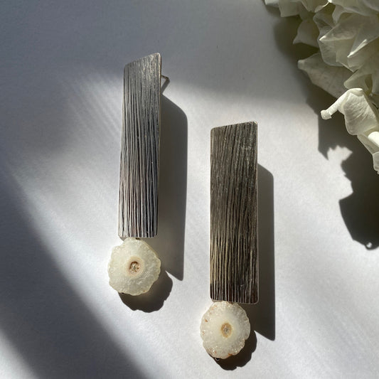 Long Silver Bar Earrings with Stalactite Slices