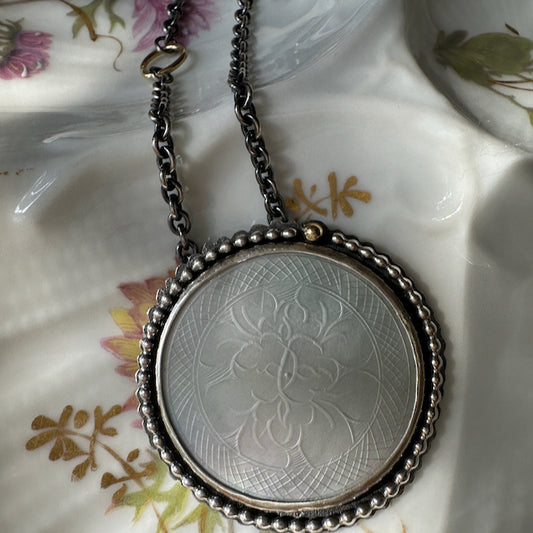 Antique Mother of Pearl Flower Pendant Set in Sterling Silver on a Silver Chain with an 18 Karat Gold Ring