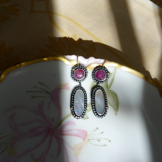 Rosecut Pink Sapphire and Mother of Pearl Earrings Set in Silver with 18 Karat Gold Beads