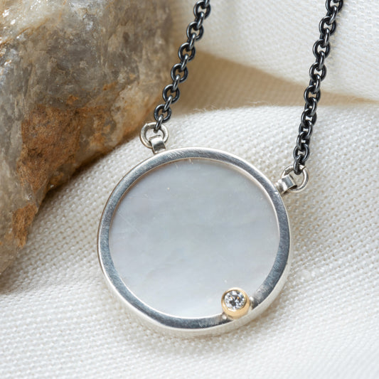 Mother of Pearl and Diamond Set in 18 Karat Gold Pendant on Oxidized Sterling Silver Chain with one 18 Karat Gold Ring