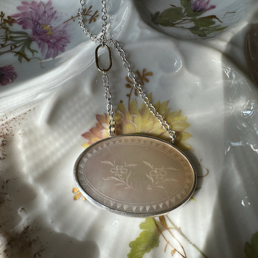 Antique Mother of Pearl Pendant Set in Sterling Silver on a Silver Chain with an 18 Karat Gold Oval