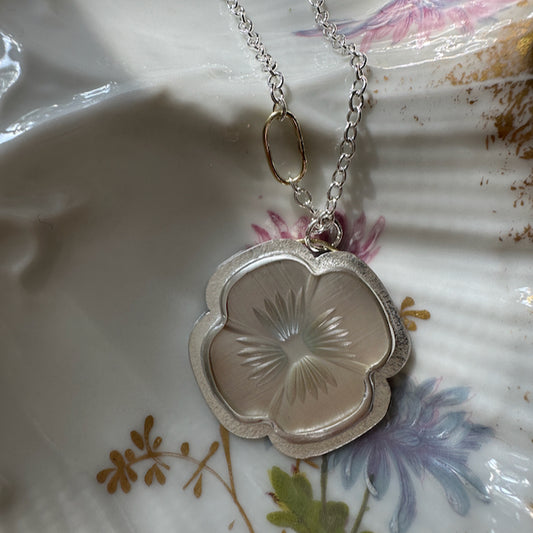 Antique Mother of Pearl Flower Pendant Set in Sterling Silver on a Silver Chain with an 18 Karat Gold Oval