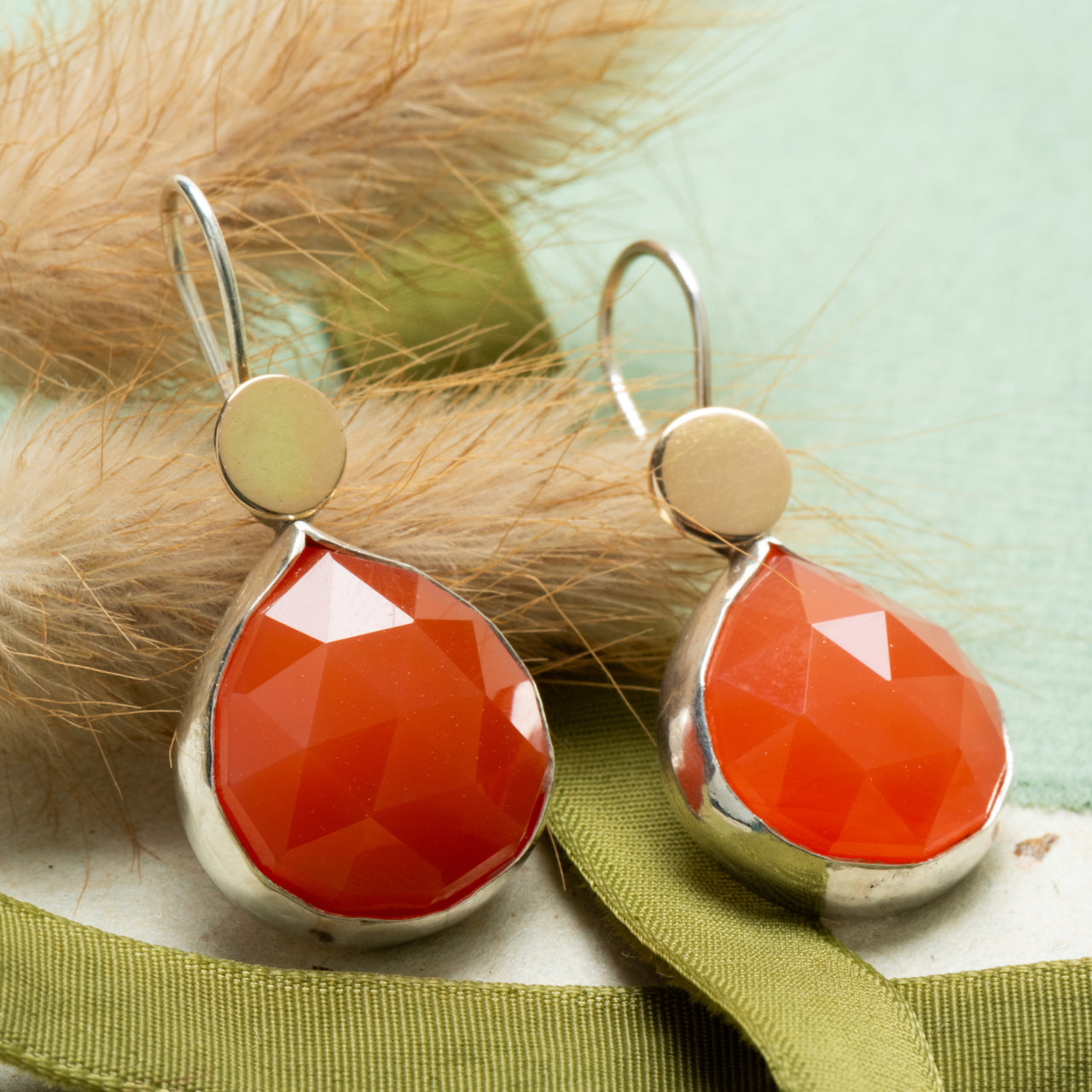 Rose Cut Carnelian and 18 Karat Gold Earrings