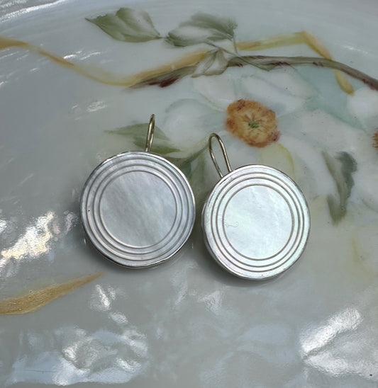 Round Mother of Pearl and Sterling Silver Earrings with 18 Karat Gold Earwires