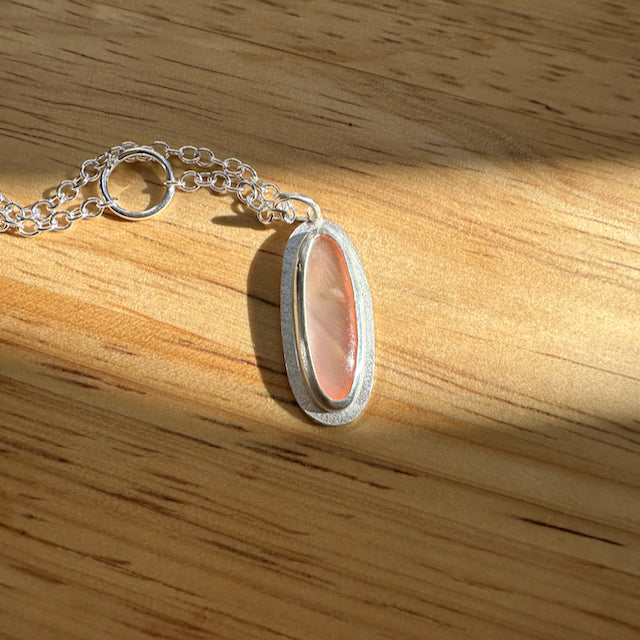 Pink and White Mother of Pearl CALM Charms Set in Sterling Silver on a Sterling Silver Chain