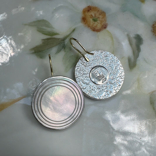 Round Mother of Pearl and Sterling Silver Earrings with 18 Karat Gold Earwires