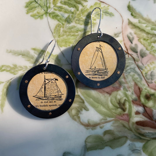 Sailboat Dictionary Image Earrings - Oxidized Sterling Silver & Red Brass