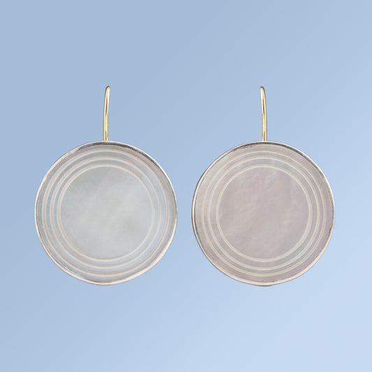 Round Mother of Pearl and Sterling Silver Earrings with 18 Karat Gold Earwires