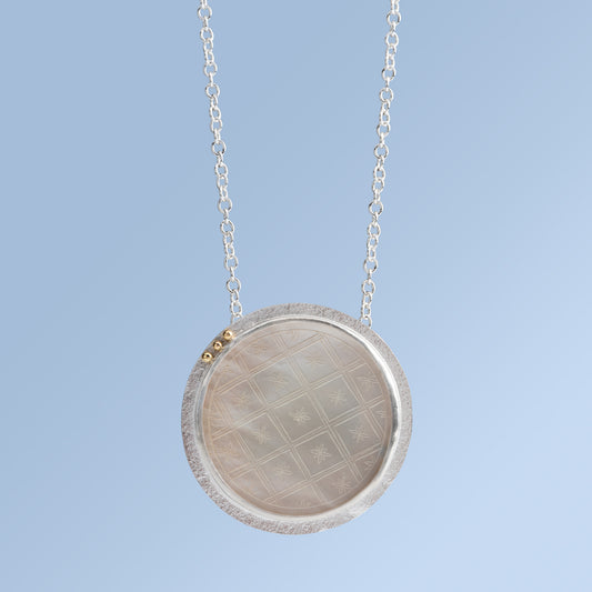 Antique Mother of Pearl Pendant Set in Sterling Silver on a Silver Chain with Three 18 Karat Gold Beads