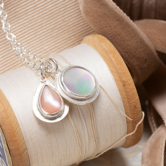 Pink and White Mother of Pearl CALM Charms Set in Sterling Silver on a Sterling Silver Chain