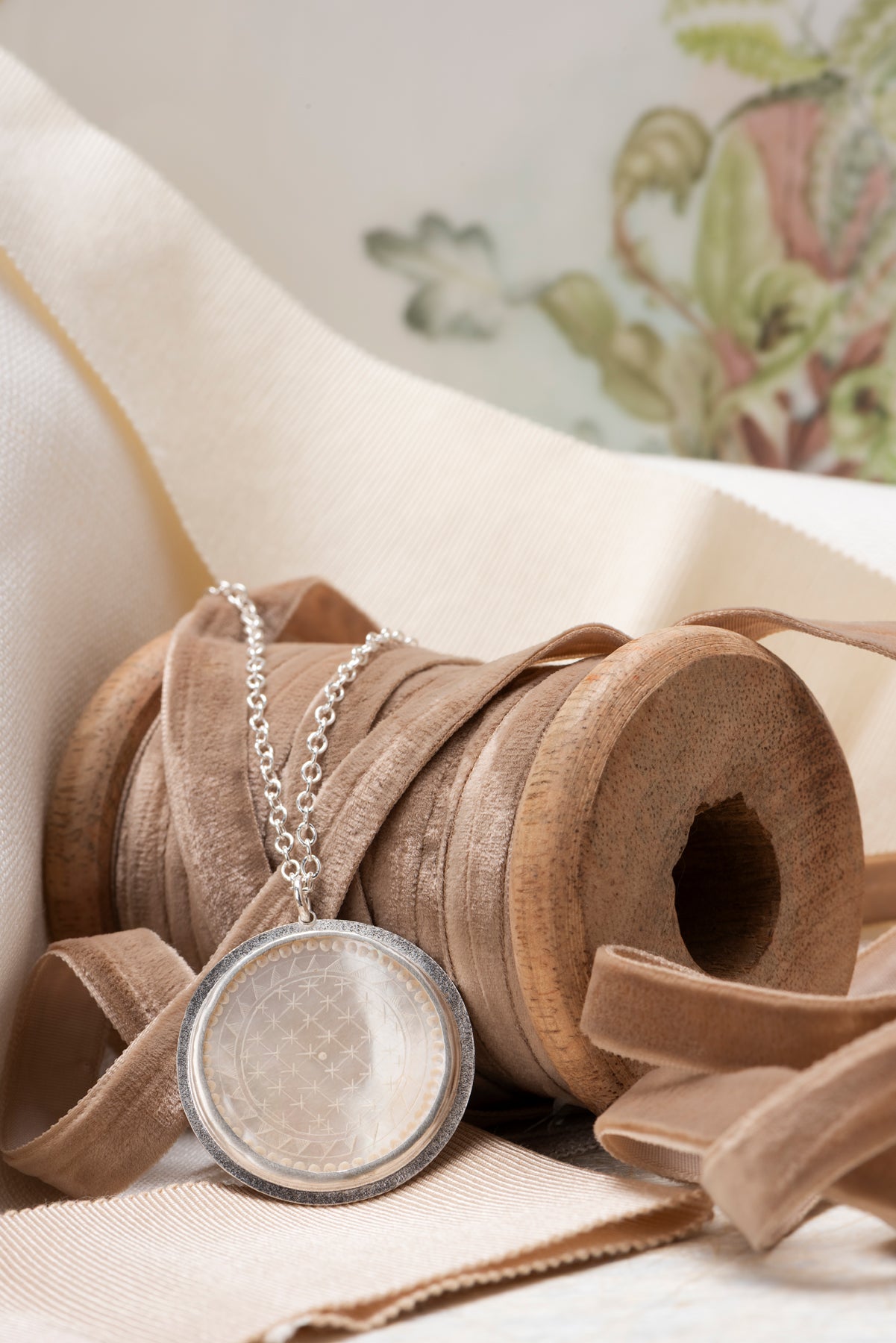 Antique Mother of Pearl Pendant Set in Sterling Silver on a Silver Chain