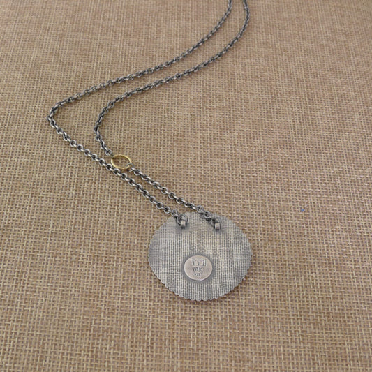Antique Mother of Pearl Flower Pendant Set in Sterling Silver on a Silver Chain with an 18 Karat Gold Ring