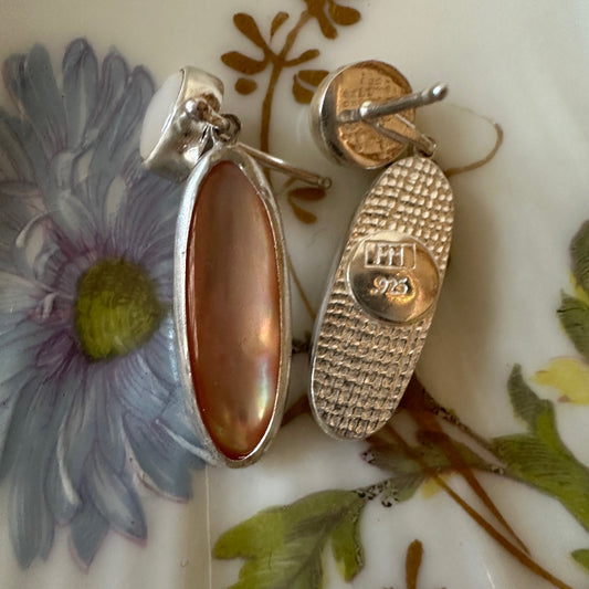 Tiny Round White with Oval Pink Mother of Pearl Dangle Earring