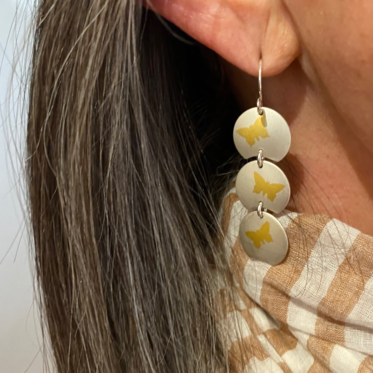 Fine Silver & 24 Karat Gold Triple Butterfly Earrings